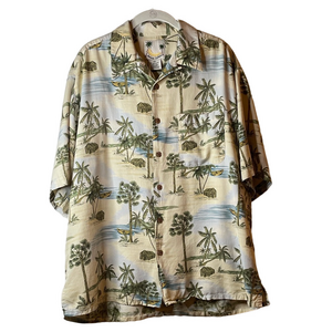 Vintage Banana Cabana 100% Silk Hawaiian Beach print men’s shirt Size XL